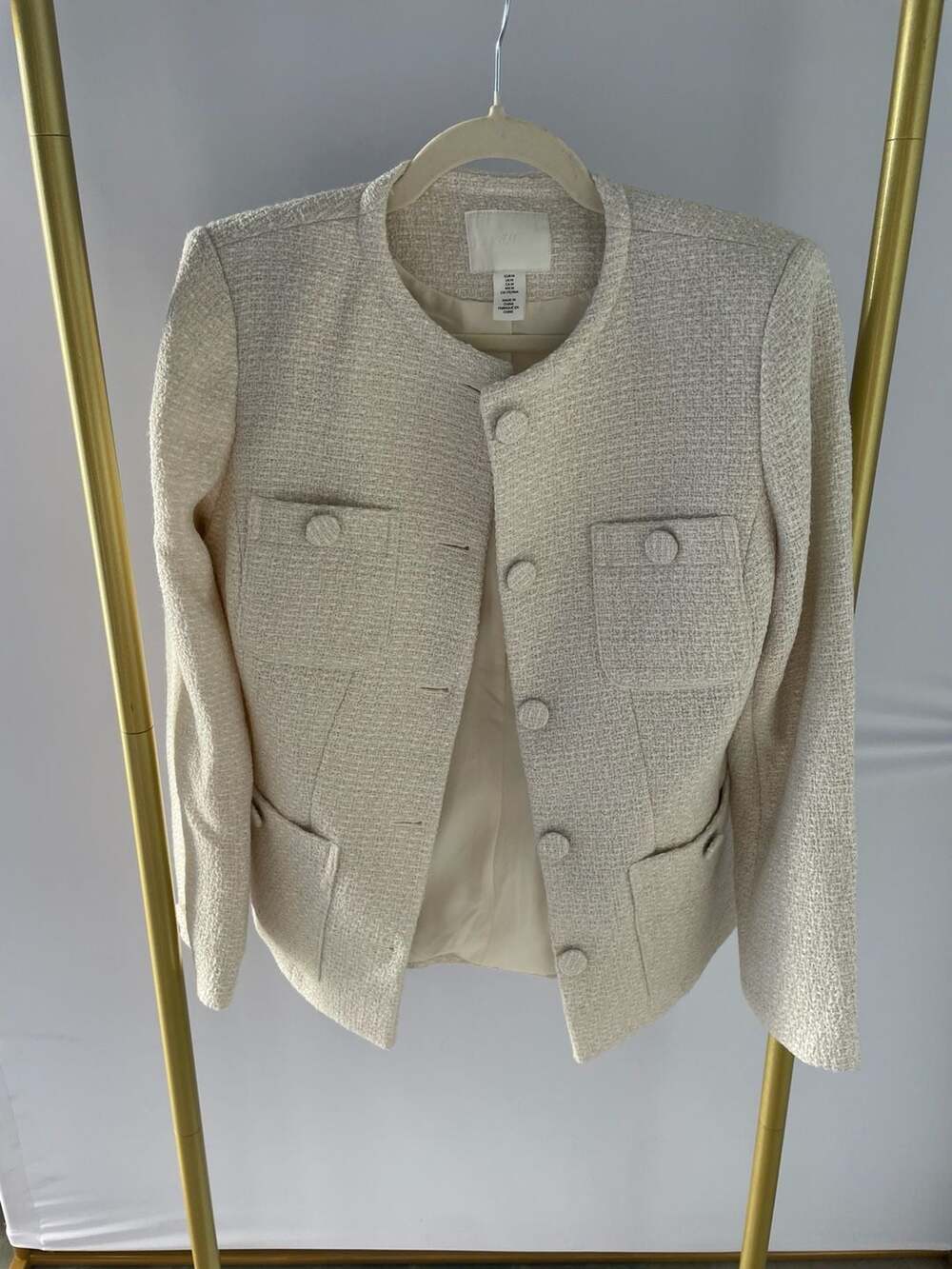 H&M Cream Textured Tweed Collarless Jacket with Pockets Size M